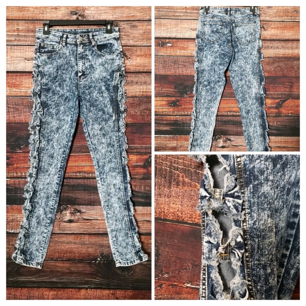 Monarda Vintage Jeans 7 Acid Wash High Rise Skinny Open Side Bow Distressed